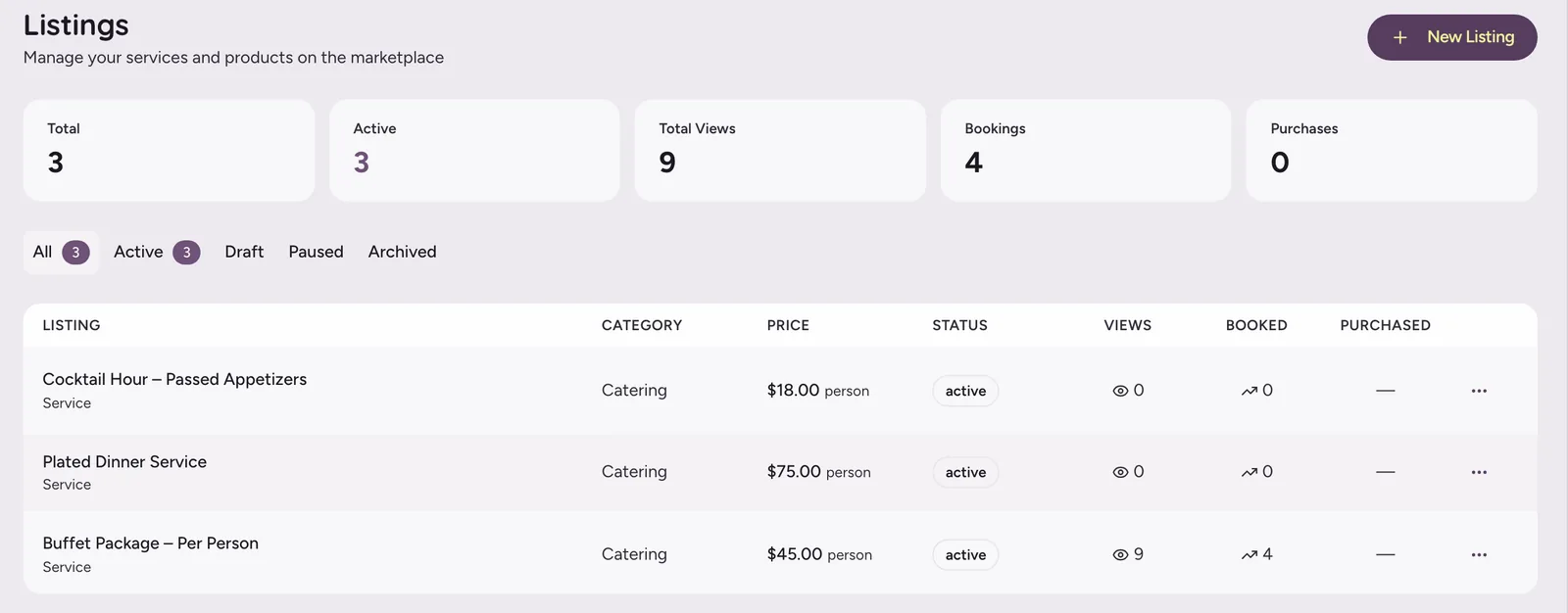 Vendor dashboard listings table showing three catering listings with price, status, views and bookings
