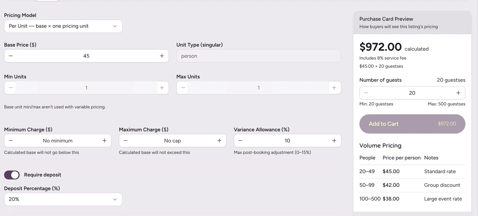 Listing pricing tab set to per-unit at $45 per person, with volume pricing tiers and a live purchase card preview