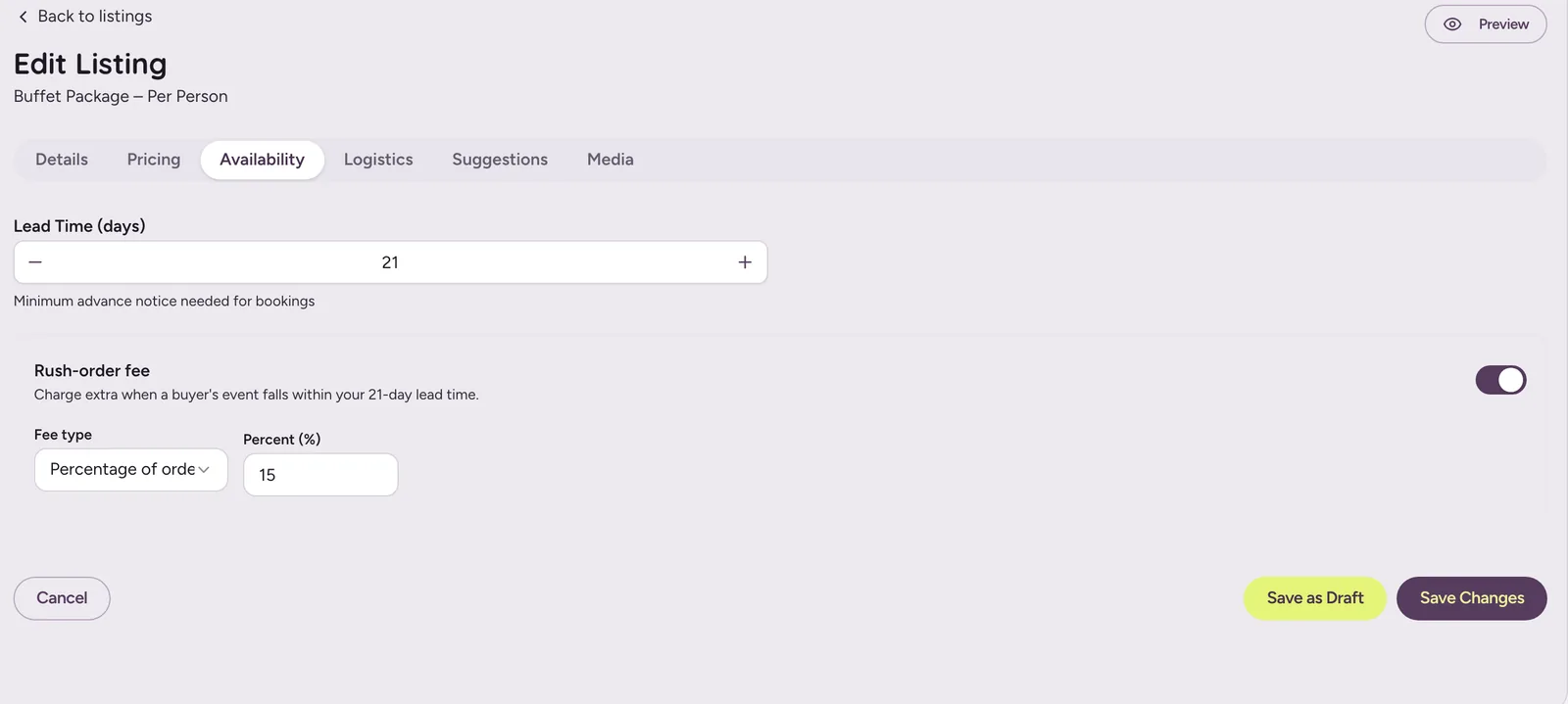 Availability tab showing a 21-day lead time and a rush-order fee of 15 percent