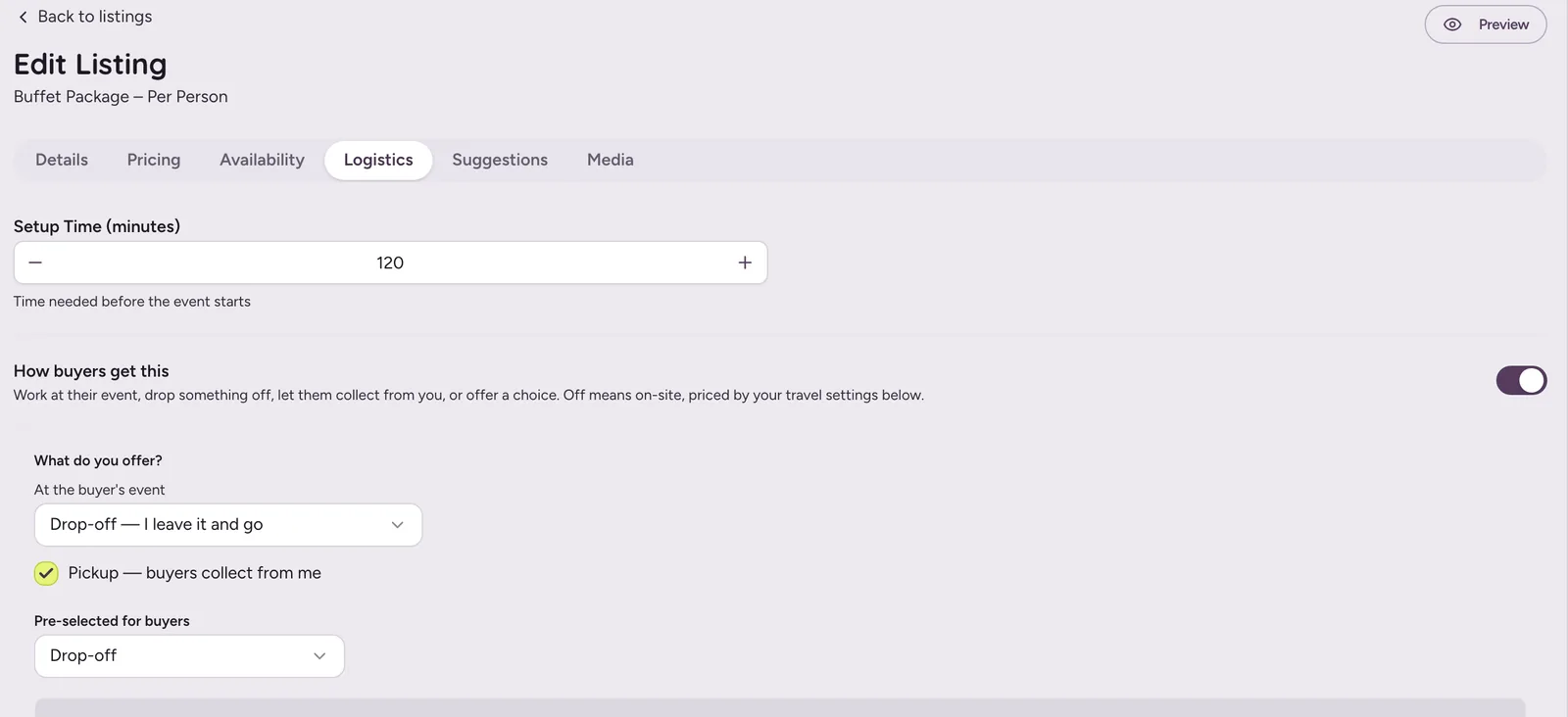 Logistics tab showing 120 minutes setup time and drop-off and pickup fulfilment options