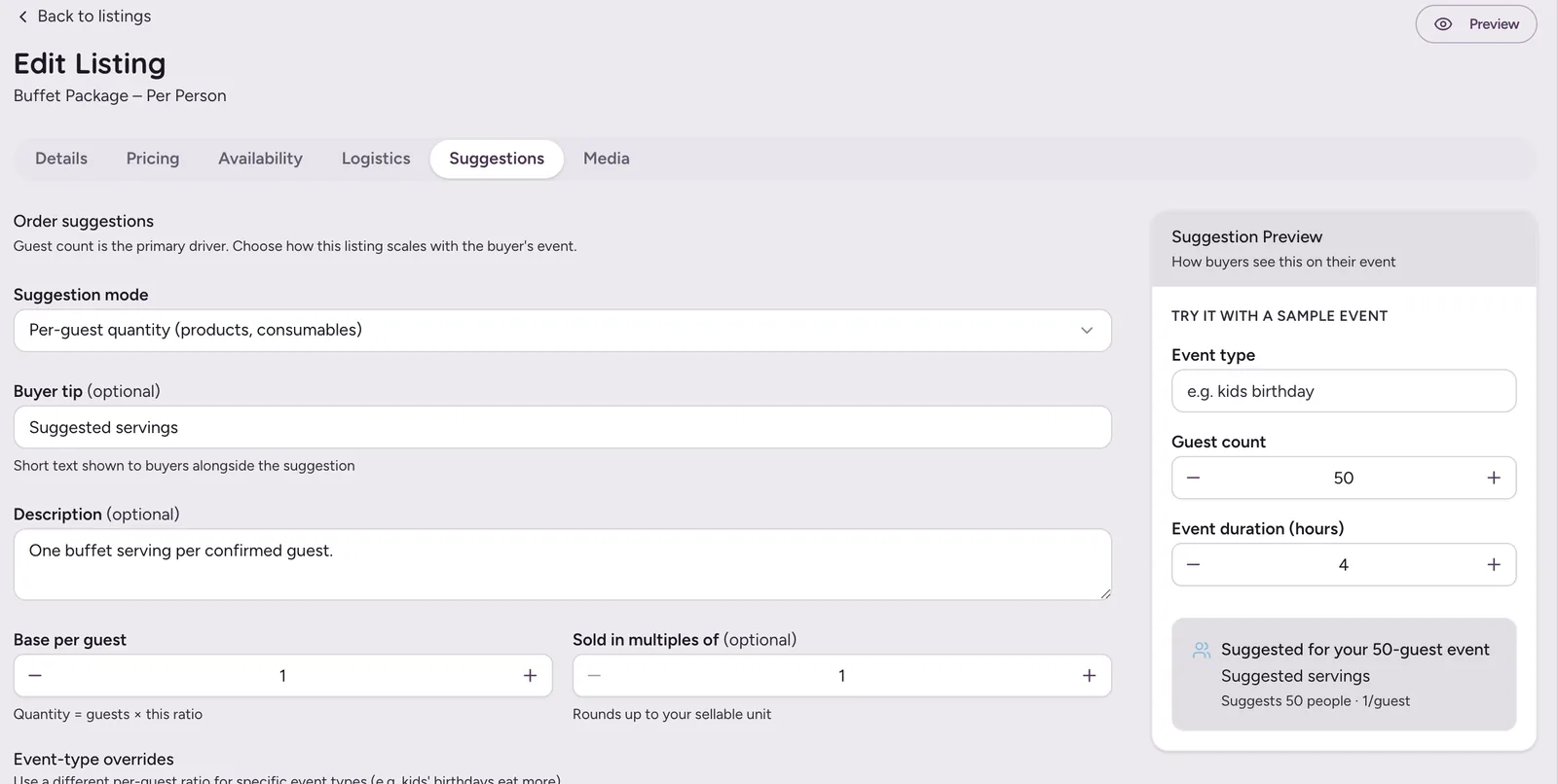 Suggestions tab configured at one serving per guest, with a live preview for a 50-guest sample event