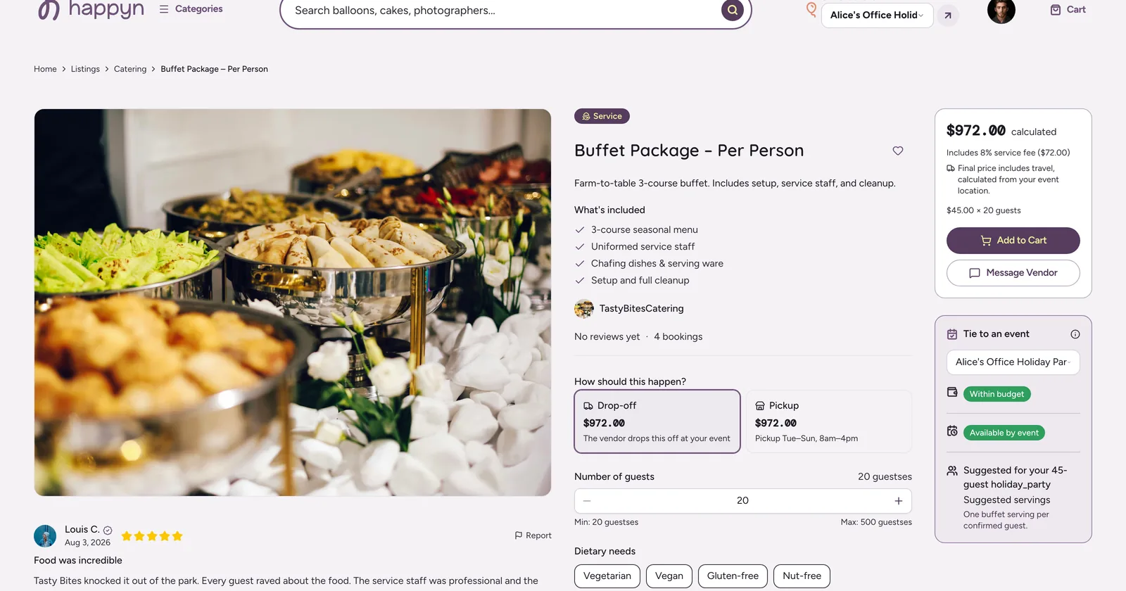 Public listing page for a per-person buffet package showing photos, inclusions, fulfilment options and a live price