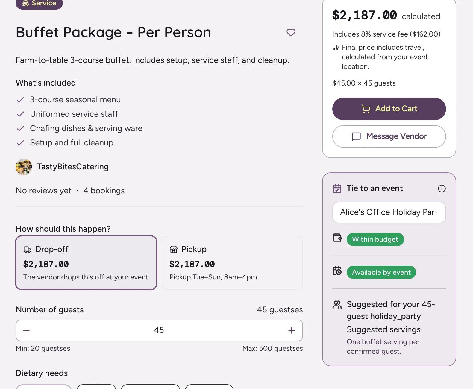 Buyer configuring the listing for 45 guests, with the price recalculated to $2,187 and the event shown as within budget