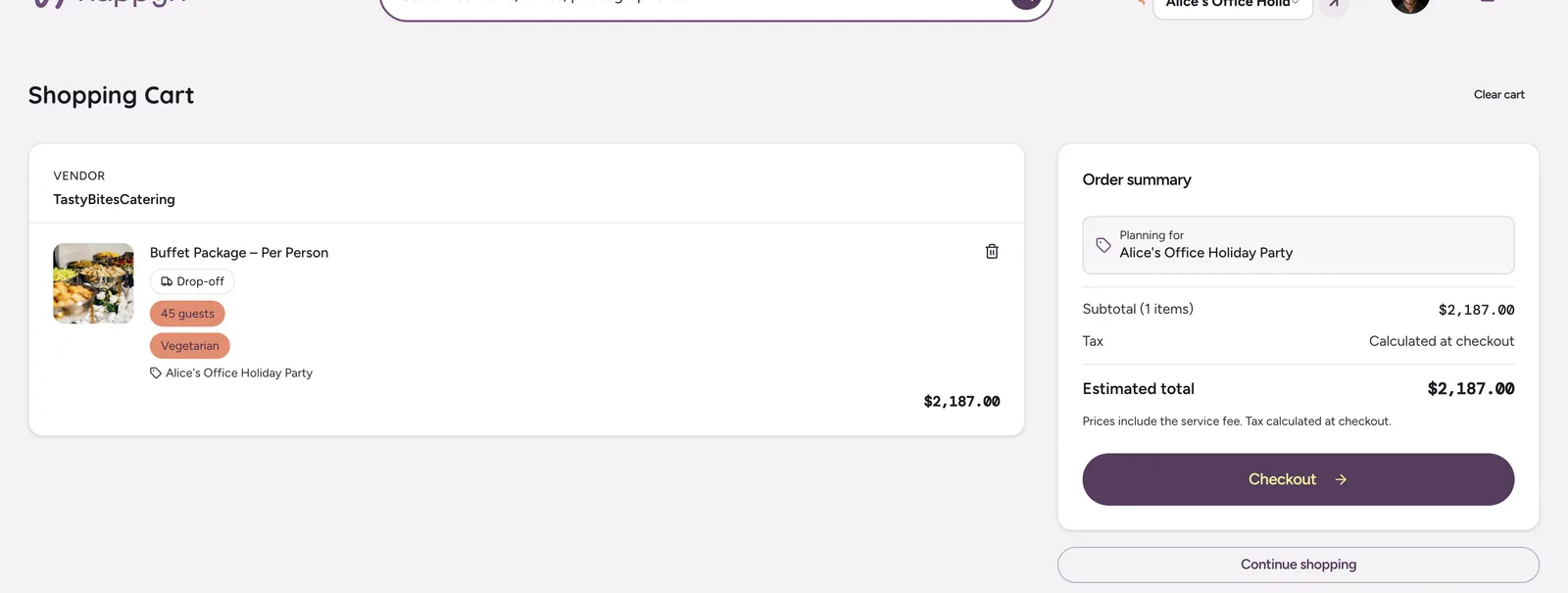 Shopping cart containing the buffet package tied to a specific event, with an order summary