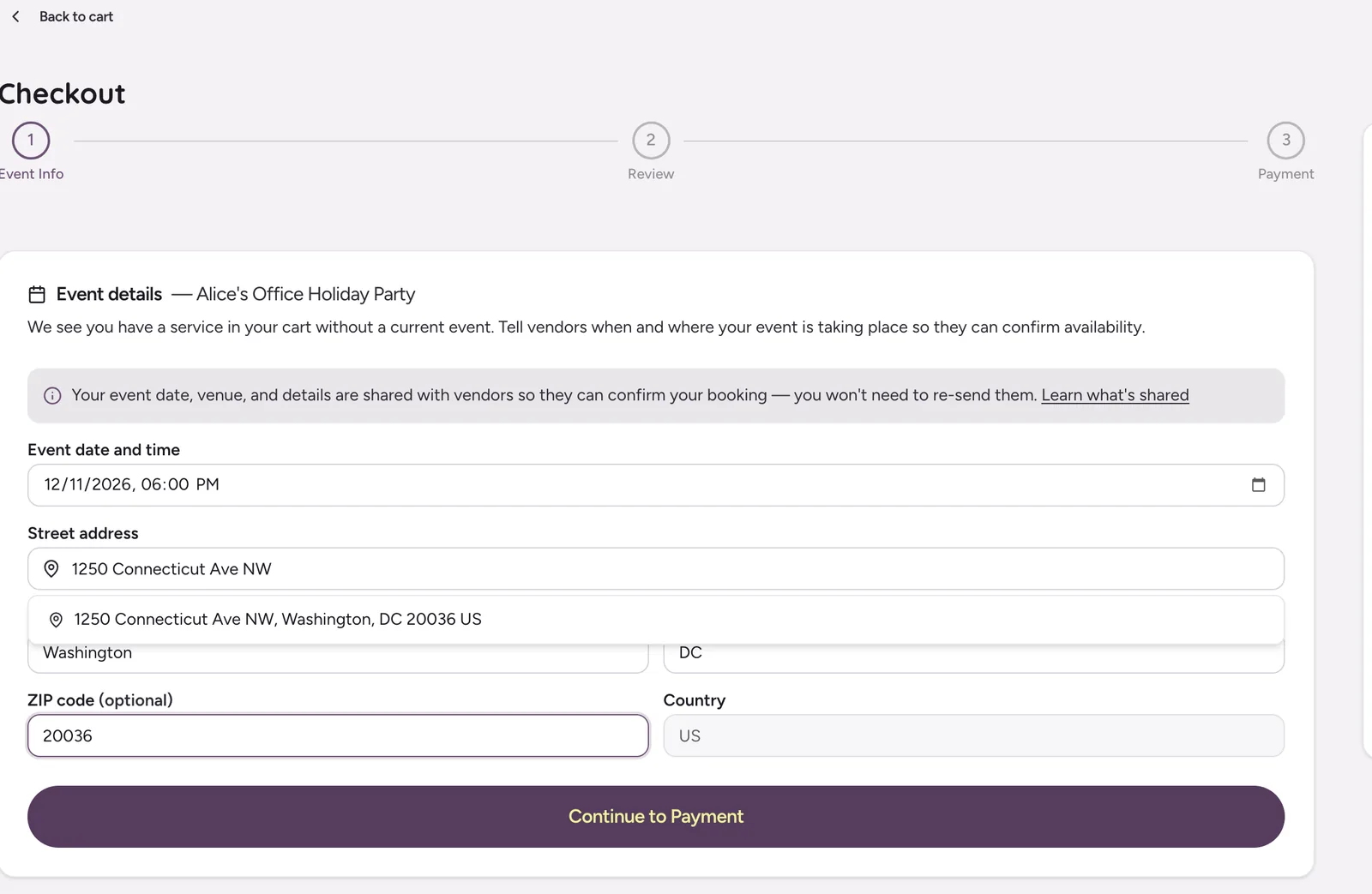 Checkout step one collecting the event date, time and venue address