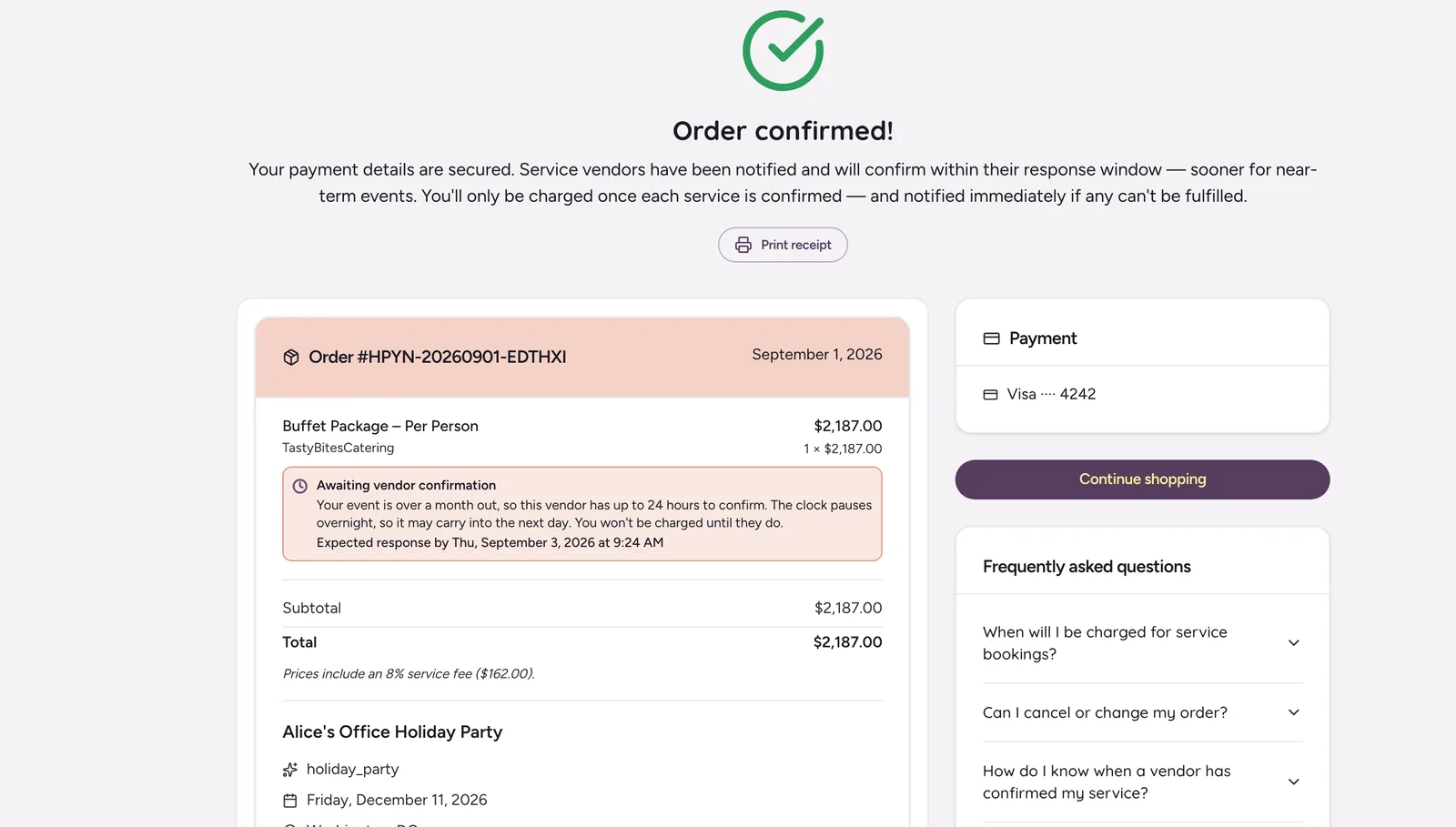 Order confirmation page reading awaiting vendor confirmation, noting the buyer will not be charged until the vendor confirms