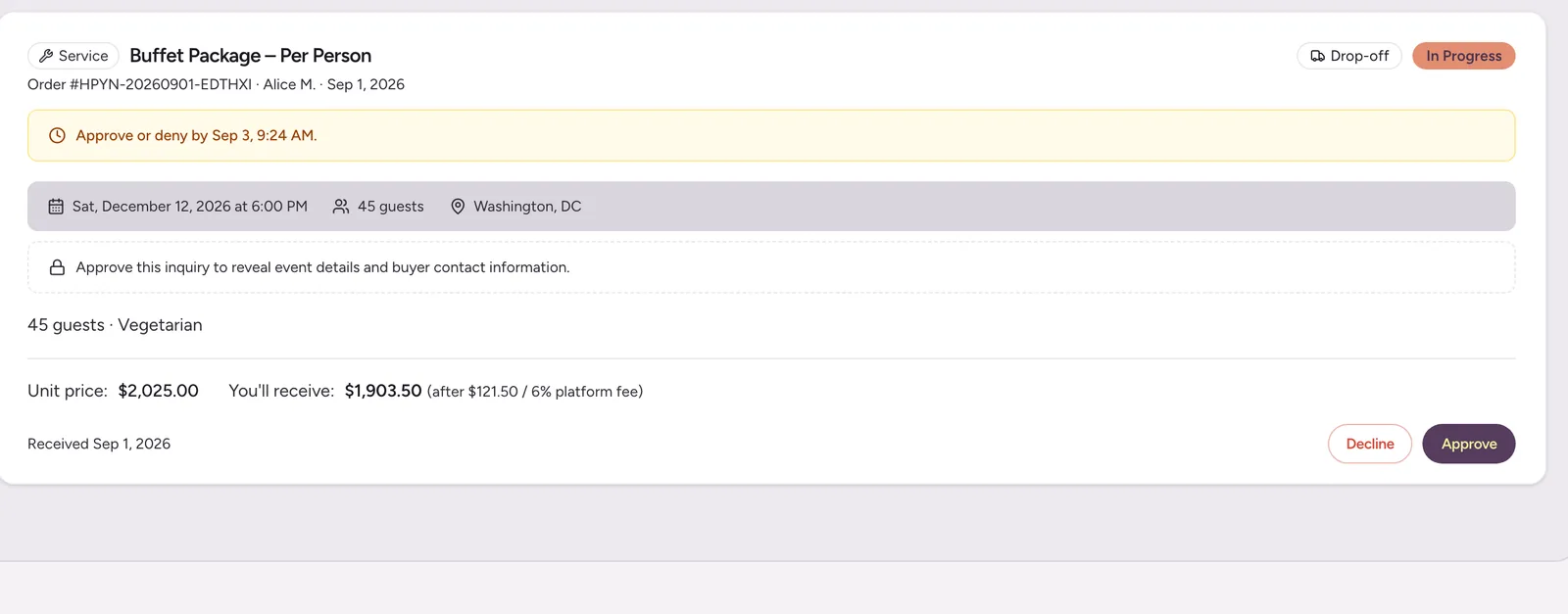 Vendor dashboard order card for a pending service request showing event details, response deadline, payout and approve and decline buttons