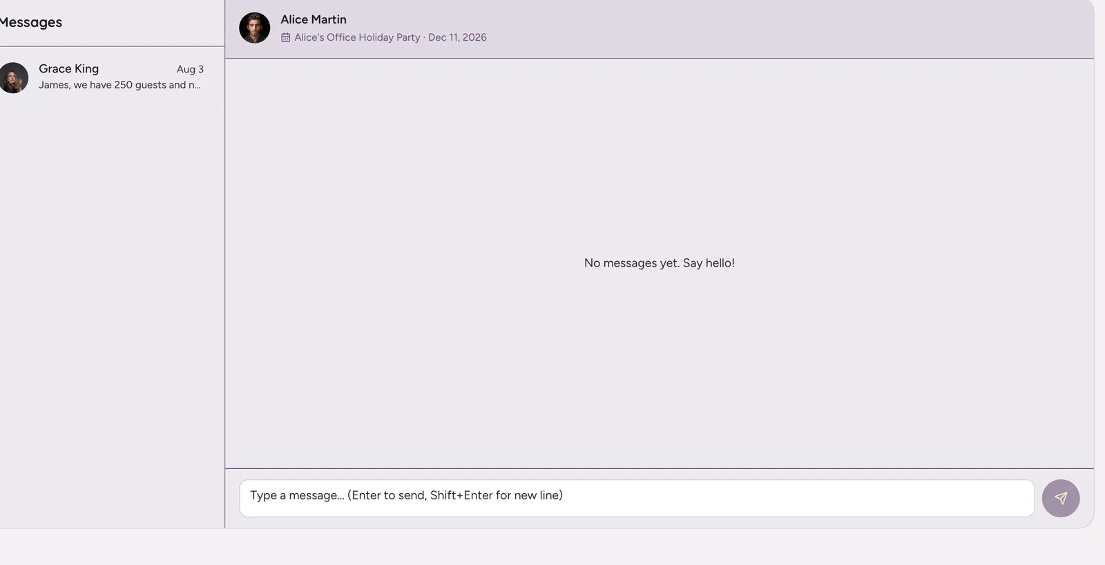 Vendor messages view with a new conversation thread with the buyer, tagged with their event name and date
