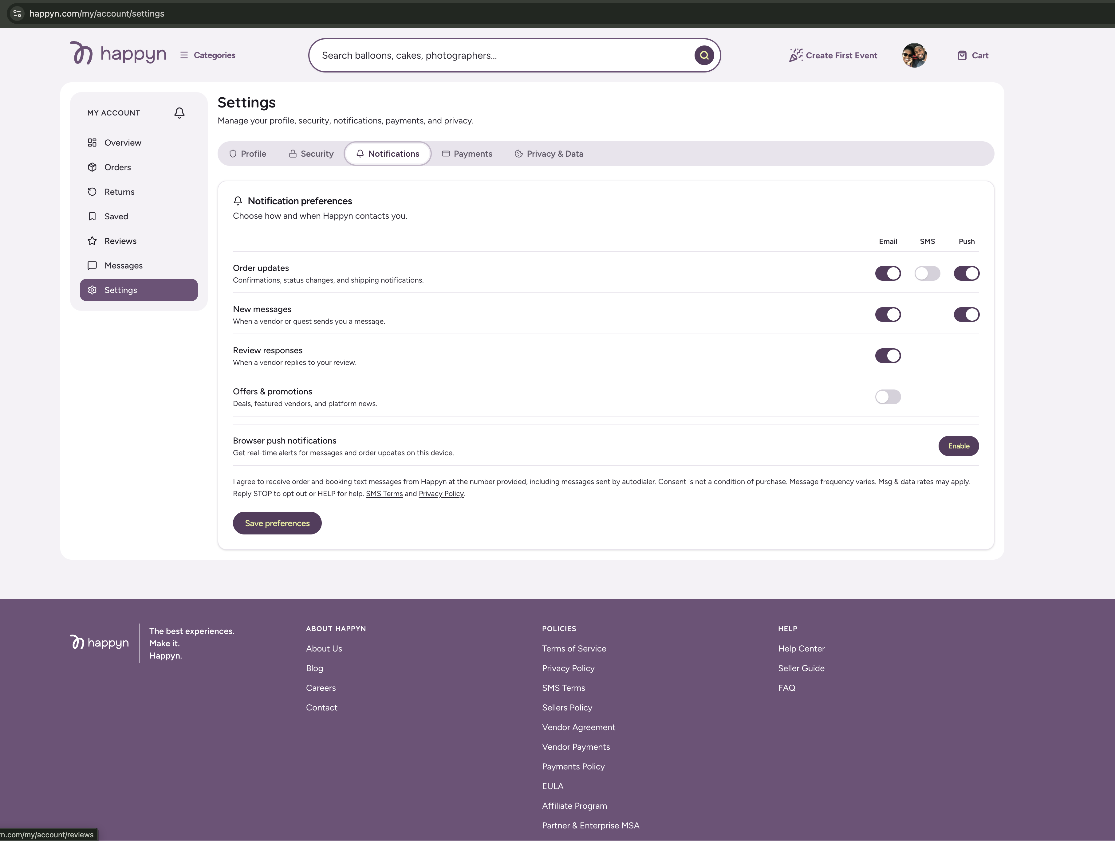 Happyn Account Settings, Notifications tab, showing the Order updates row with the SMS toggle switched off by default, above the full SMS consent disclosure.