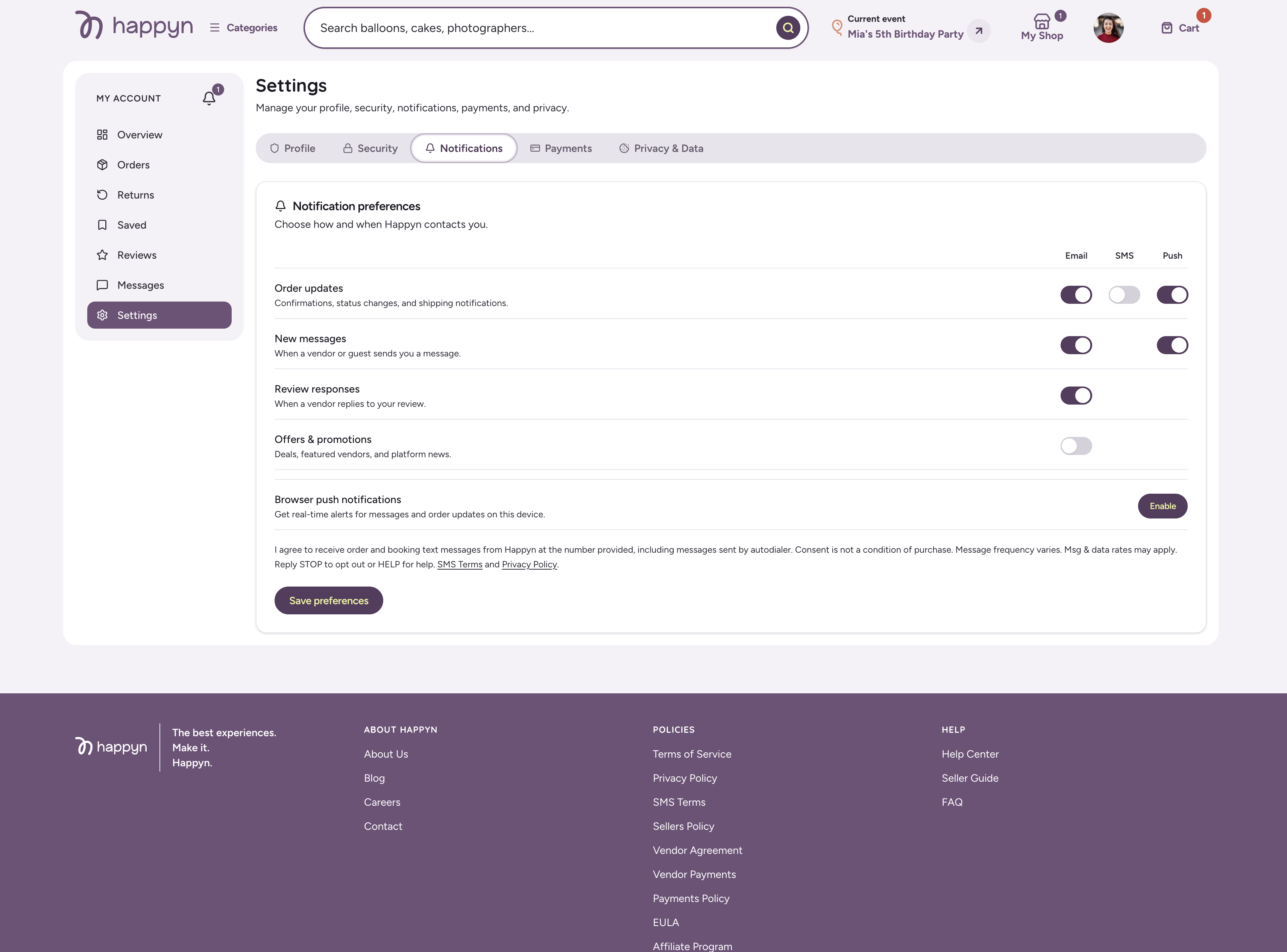 Happyn Account Settings, Notifications tab, showing the Order updates row with the SMS toggle switched off by default, above the full SMS consent disclosure.