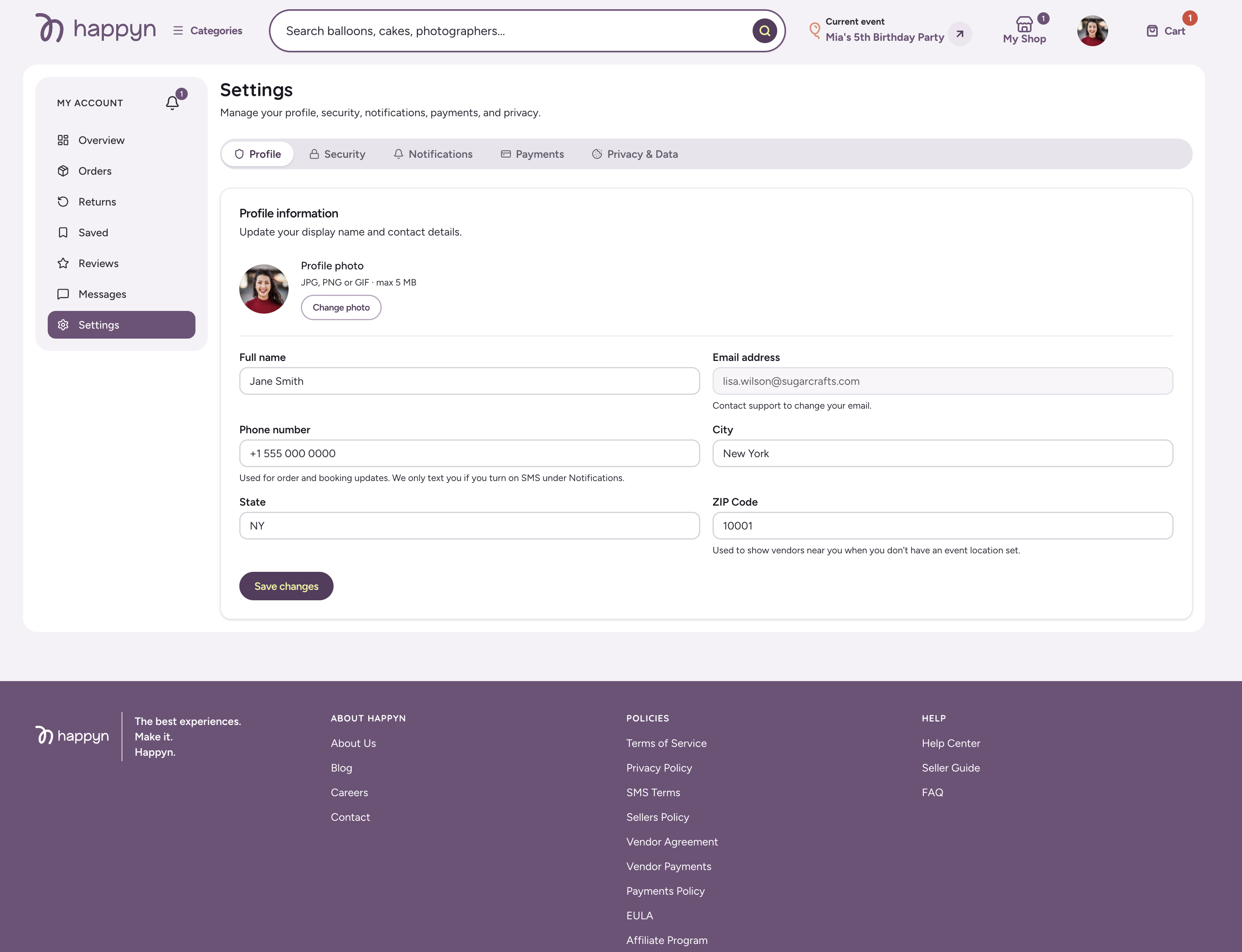 Happyn Account Settings, Profile tab, showing the optional mobile number field and the note that Happyn only sends texts if SMS is enabled under Notifications.